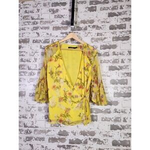 Lauren Ralph Lauren Faux Wrap Top Size Medium Yellow Floral Boho Romantic Sheer